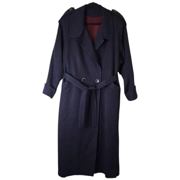 VINTAGE Anna Collection Saxonia Pure Virgin Wool Navy Blue Trench Coat - Picture 1 of 16